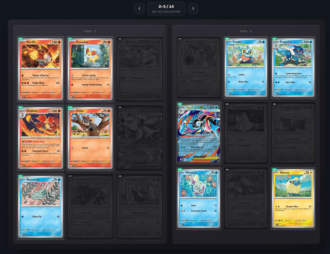 A two-page virtual binder spread in PokeHive — owned cards bright, missing cards dimmed
