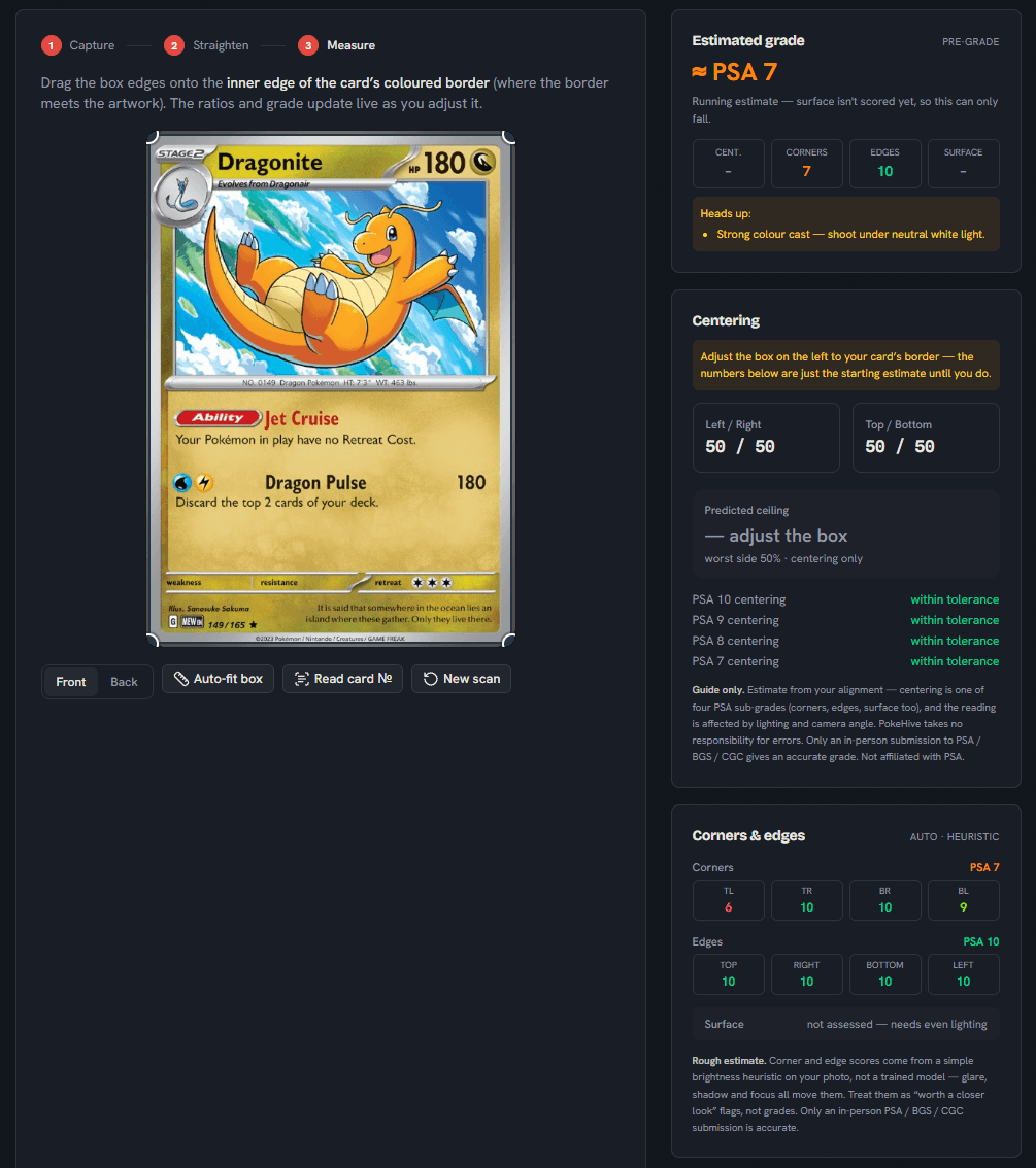 The PokeHive Pre-Grader reading a Dragonite card — centering, corners and edges with an estimated PSA grade