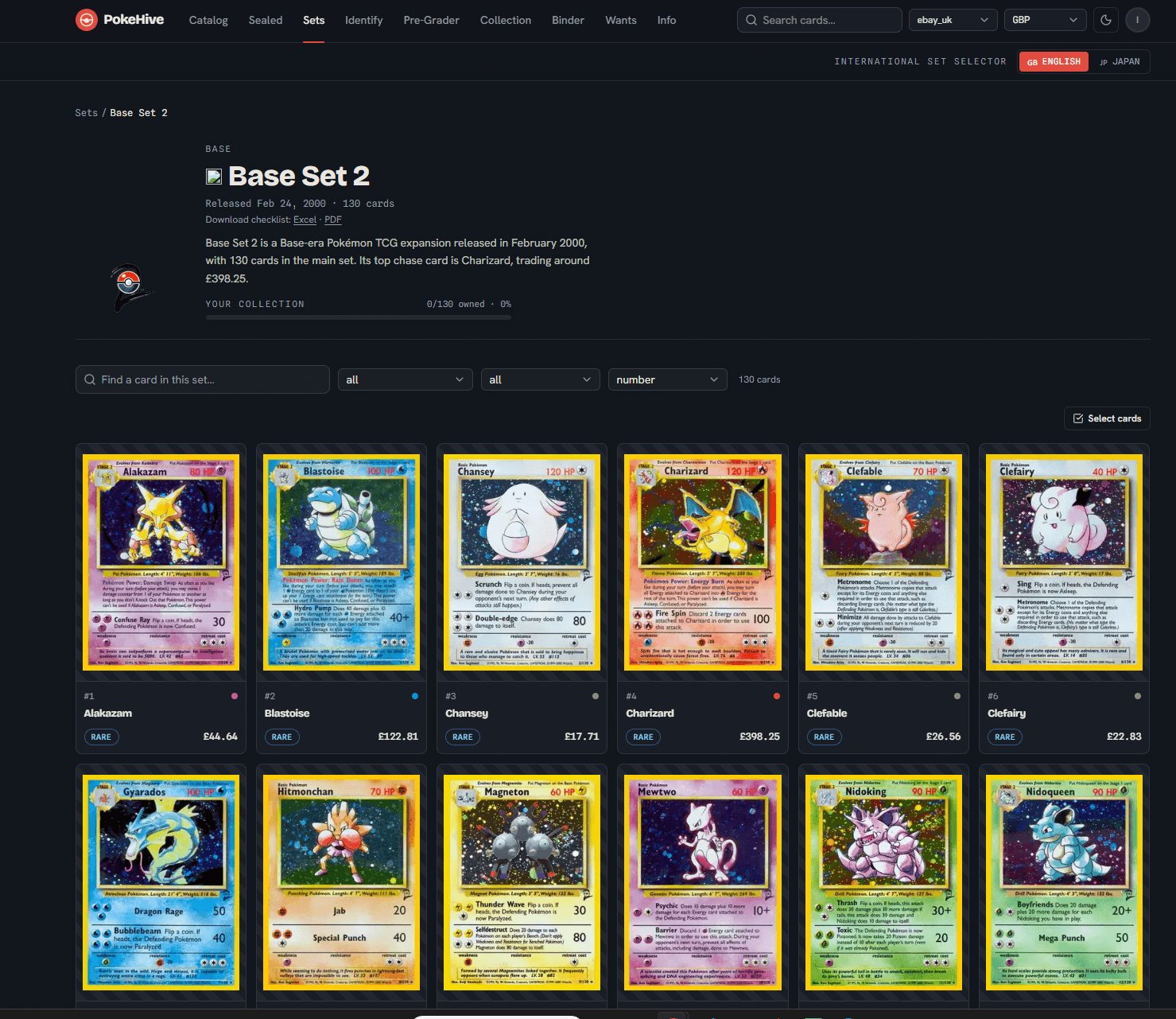 A set page in PokeHive — every card in Base Set 2 with live prices and collection progress