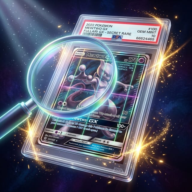 magnifier inspecting a graded card